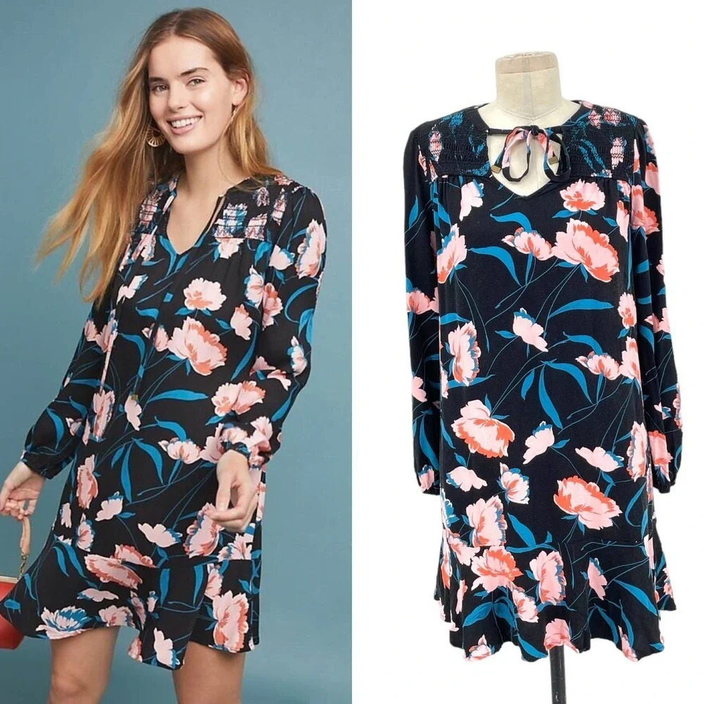 Anthropologie‎ Maeve Ragonda Tunic Dress Floral Print Black Blue Pink Size US 8